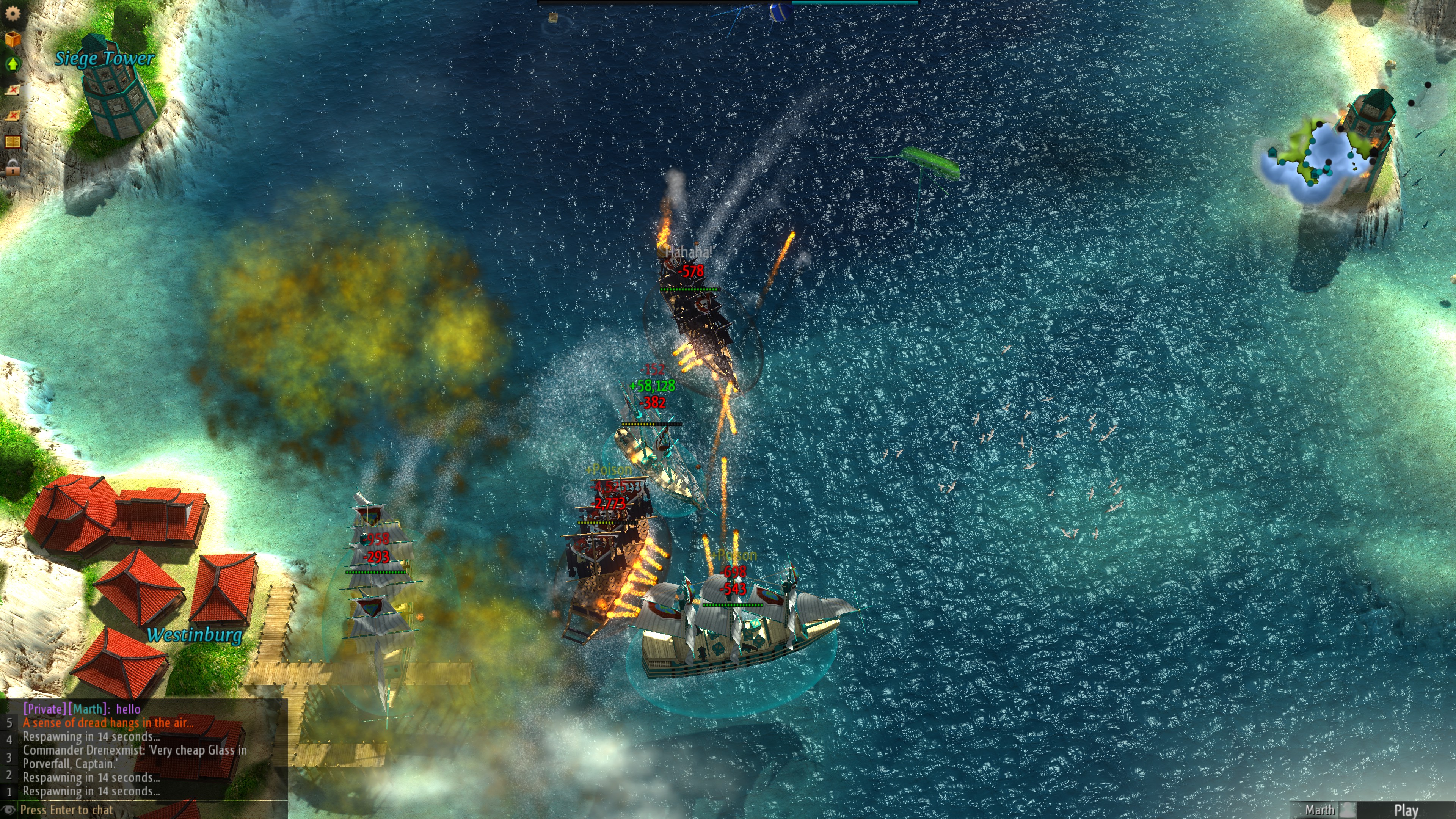 A top-down screenshot of an ocean with some warring pirate ships